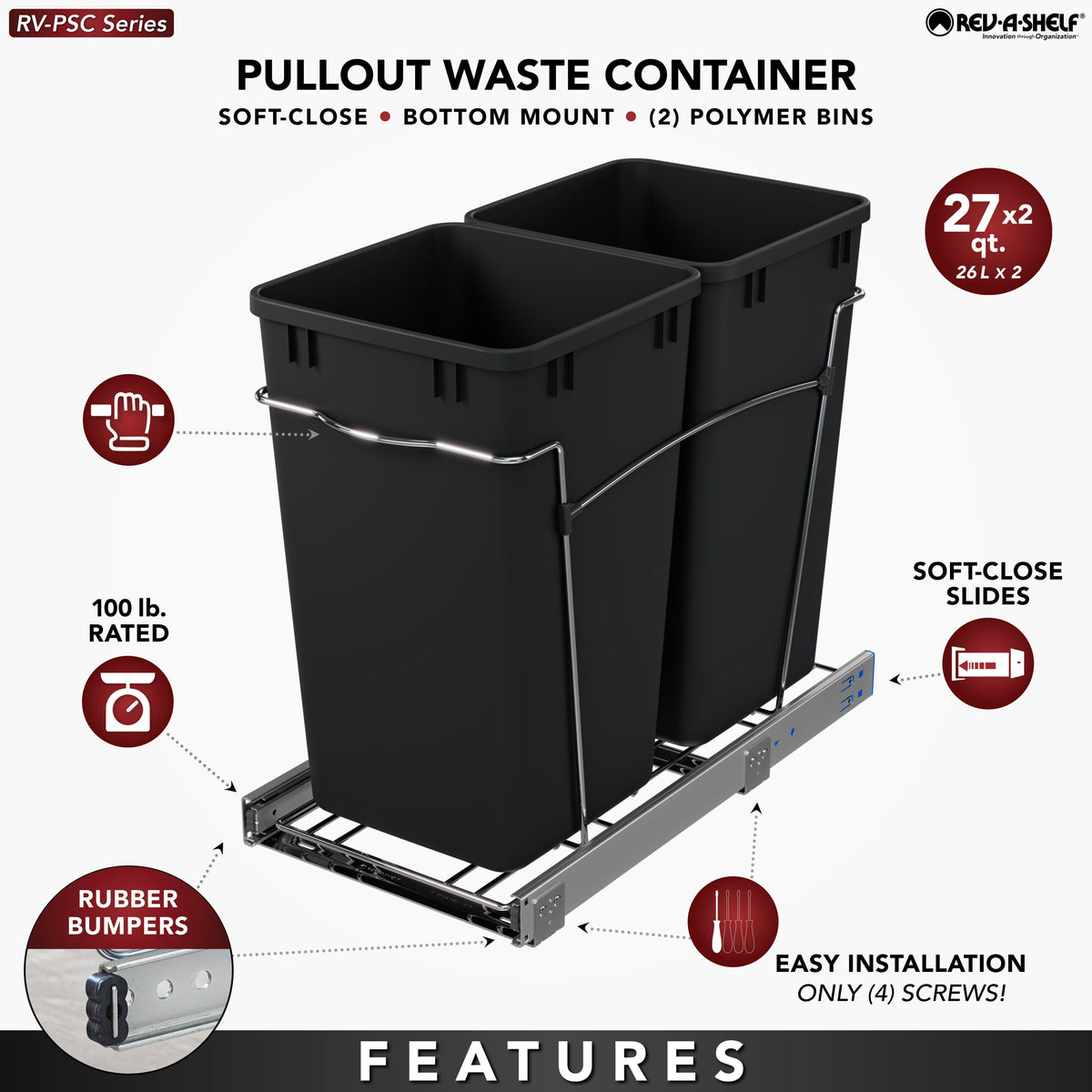Rev-A-Shelf 27-Quart Plastic Soft-Close Dual Pull-Out Trash Can (RV-15PSC-18-5)