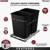 Rev-A-Shelf 35-Quart Plastic Soft-Close Pull-Out Trash Can, Dual Bin, 14.38 in W x 19.25 in H x 22 in D