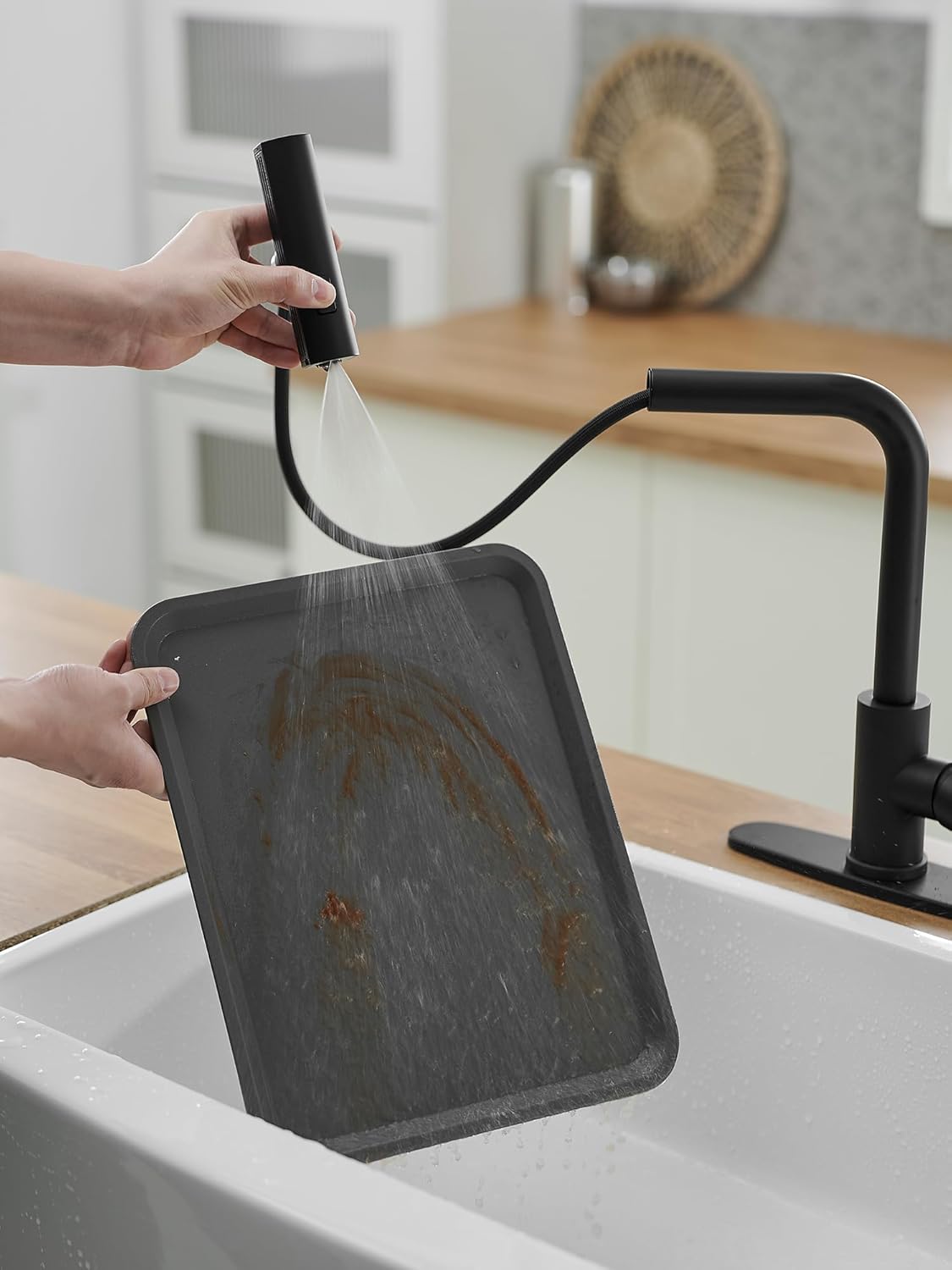 JOOM Black Kitchen Faucet with Pull Down Sprayer, Waterfall Design, Stainless Steel
