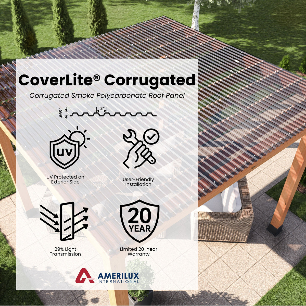 AmeriLux International CoverLite 2.16-ft x 12-ft Corrugated Smoke Polycarbonate Roof Panel