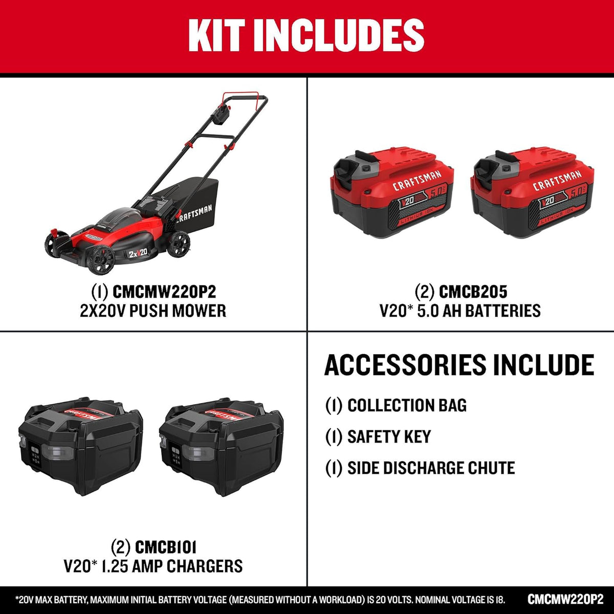 Craftsman V20 CMCMW220P2 20 in. Brushless Cordless Lawn Mower Kit with (2) 20V 5.0Ah Batteries & Charger