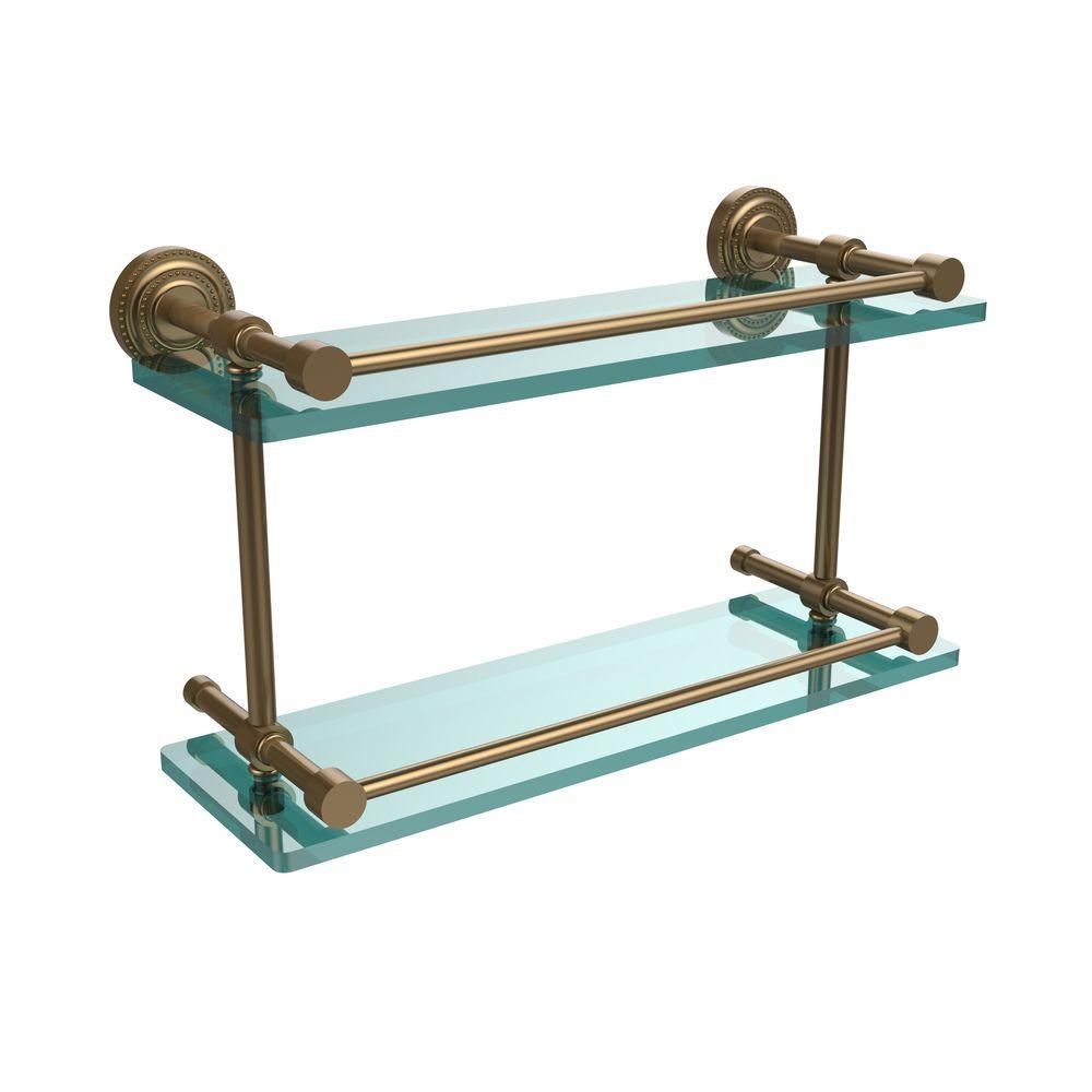 Dottingham 16 in. L x 8 in. H x 5 in. W 2-Tier Clear Glass Bathroom Shelf with Gallery Rail in Polished Nickel - Super Arbor
