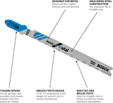Bosch T118A Jigsaw Blades, 3-5/8 in., 17–24 TPI, T‑Shank, High-Speed Steel, 5-Pack