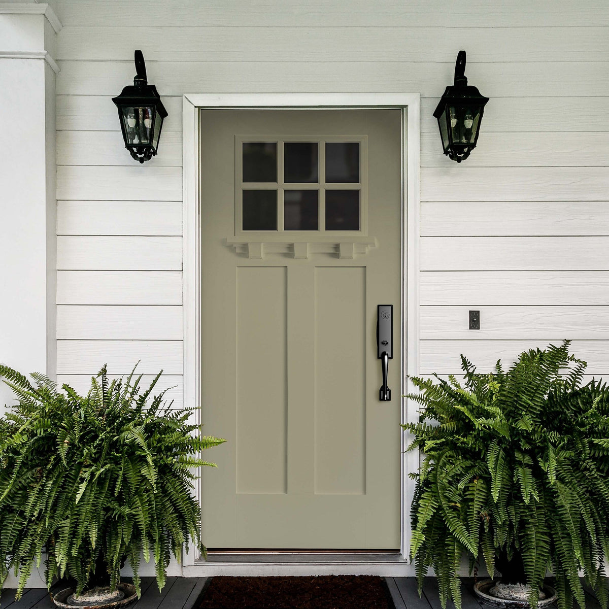 Pella 36-in x 80-in Fiberglass Craftsman Left-Hand Inswing Sage Painted Prehung Single Front Door with Brickmould, Insulating Core