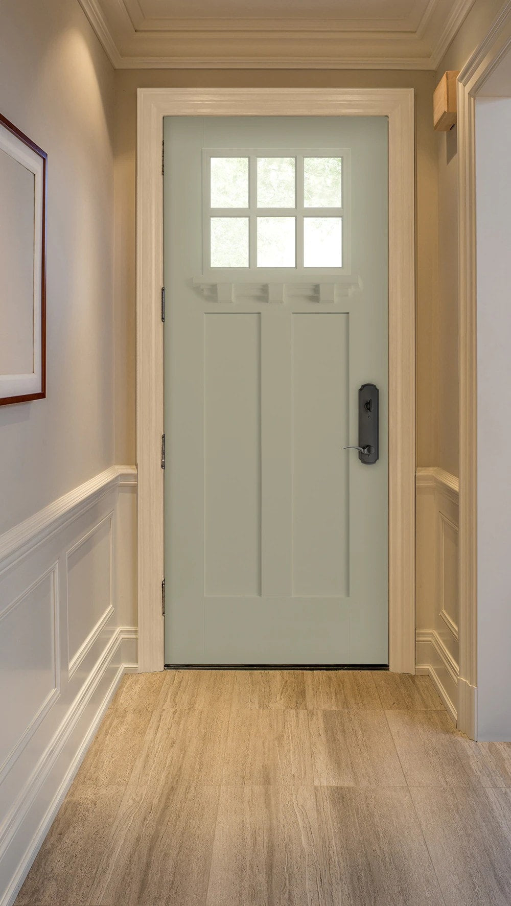 Pella 36-in x 80-in Fiberglass Craftsman Left-Hand Inswing Sage Painted Prehung Single Front Door with Brickmould, Insulating Core