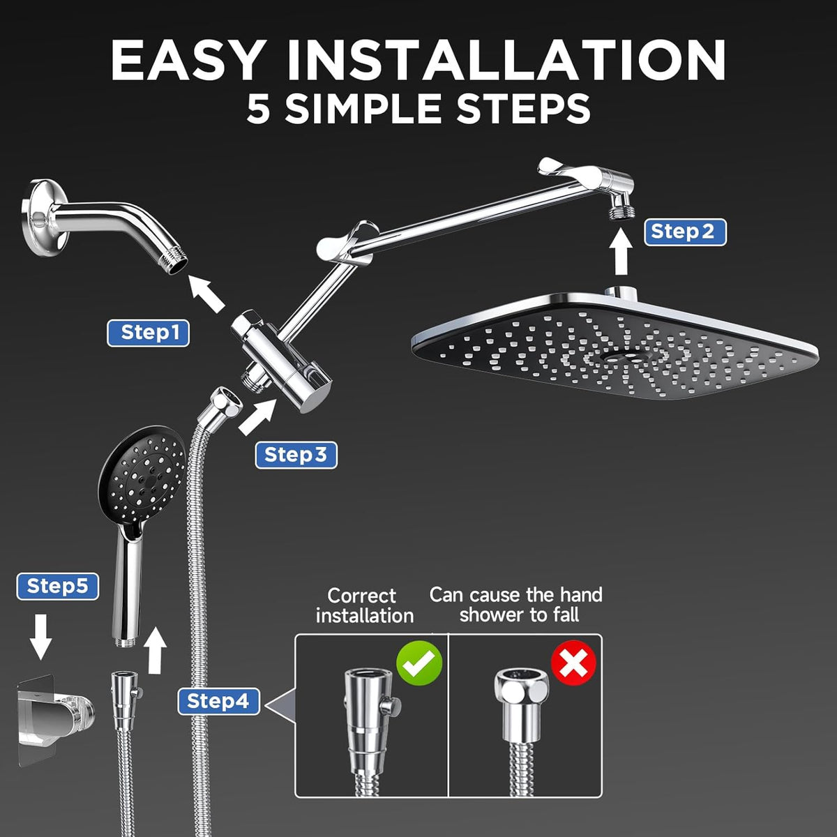 Veken Wide Rain Shower Head with Handheld Spray, High Pressure Combo with Adjustable Arm, Chrome Finish