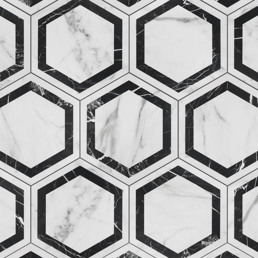 Affinity Tile Marbilia Hex Venato Black Geo with Biotech 11-in x 13-in Matte Porcelain Marble look Hexagon Floor and Wall Tile product image