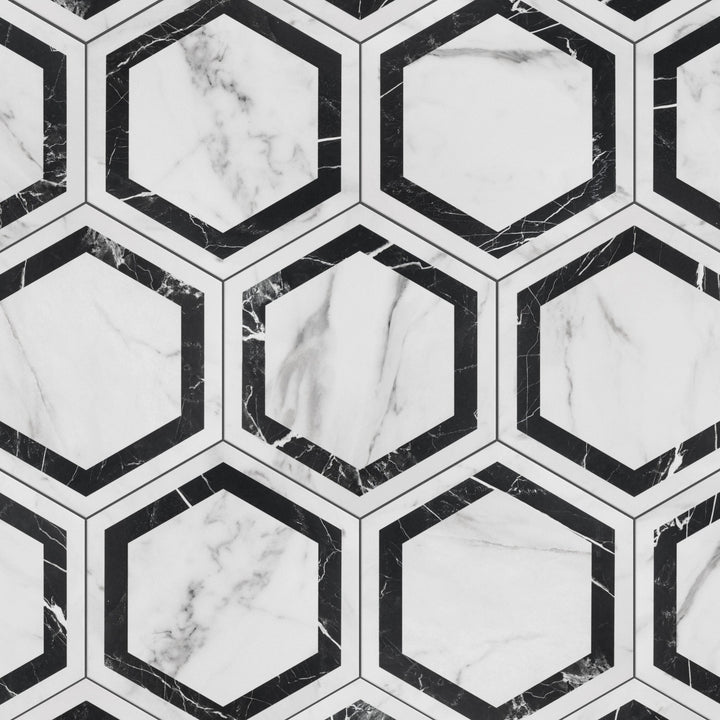 Affinity Tile Marbilia Hex Venato Black Geo with Biotech 11-in x 13-in Matte Porcelain Marble look Hexagon Floor and Wall Tile product image