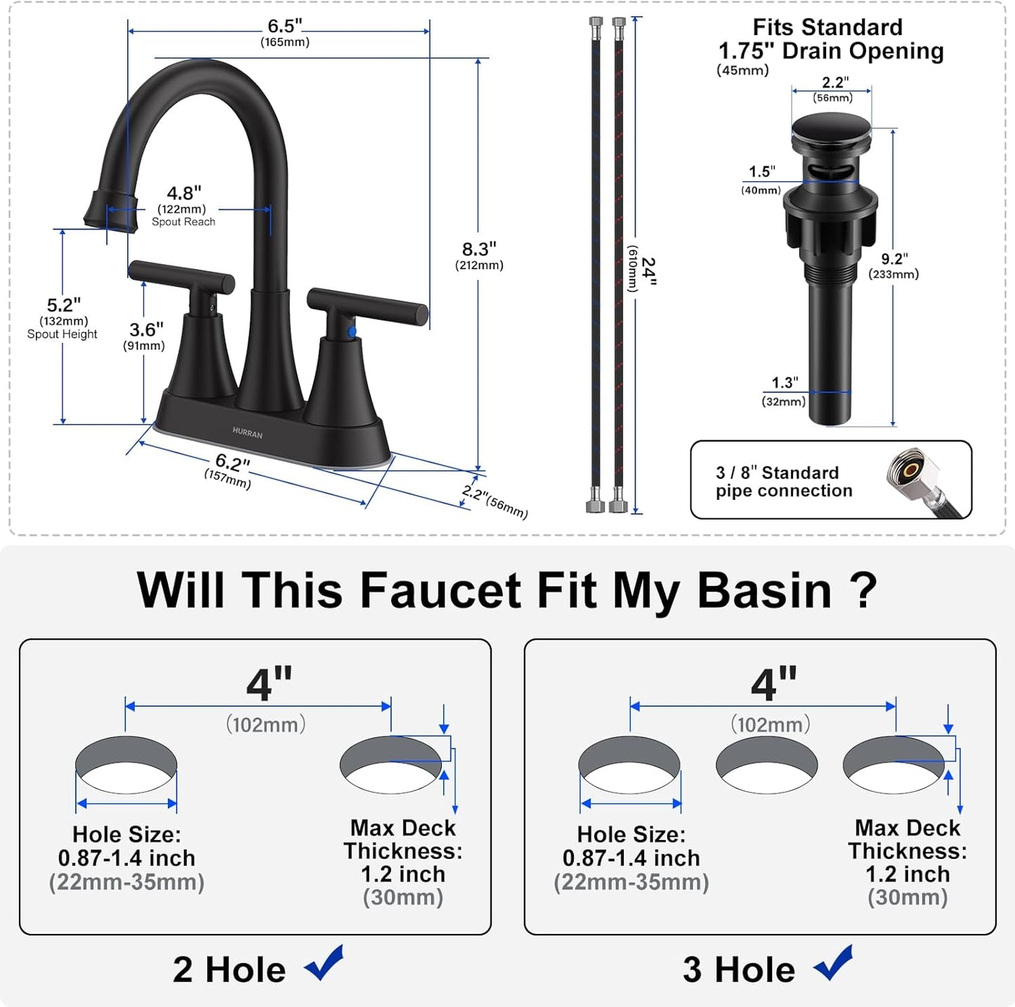 Hurran Matte Black Bathroom Faucet with Pop-up Drain and Supply Hoses
