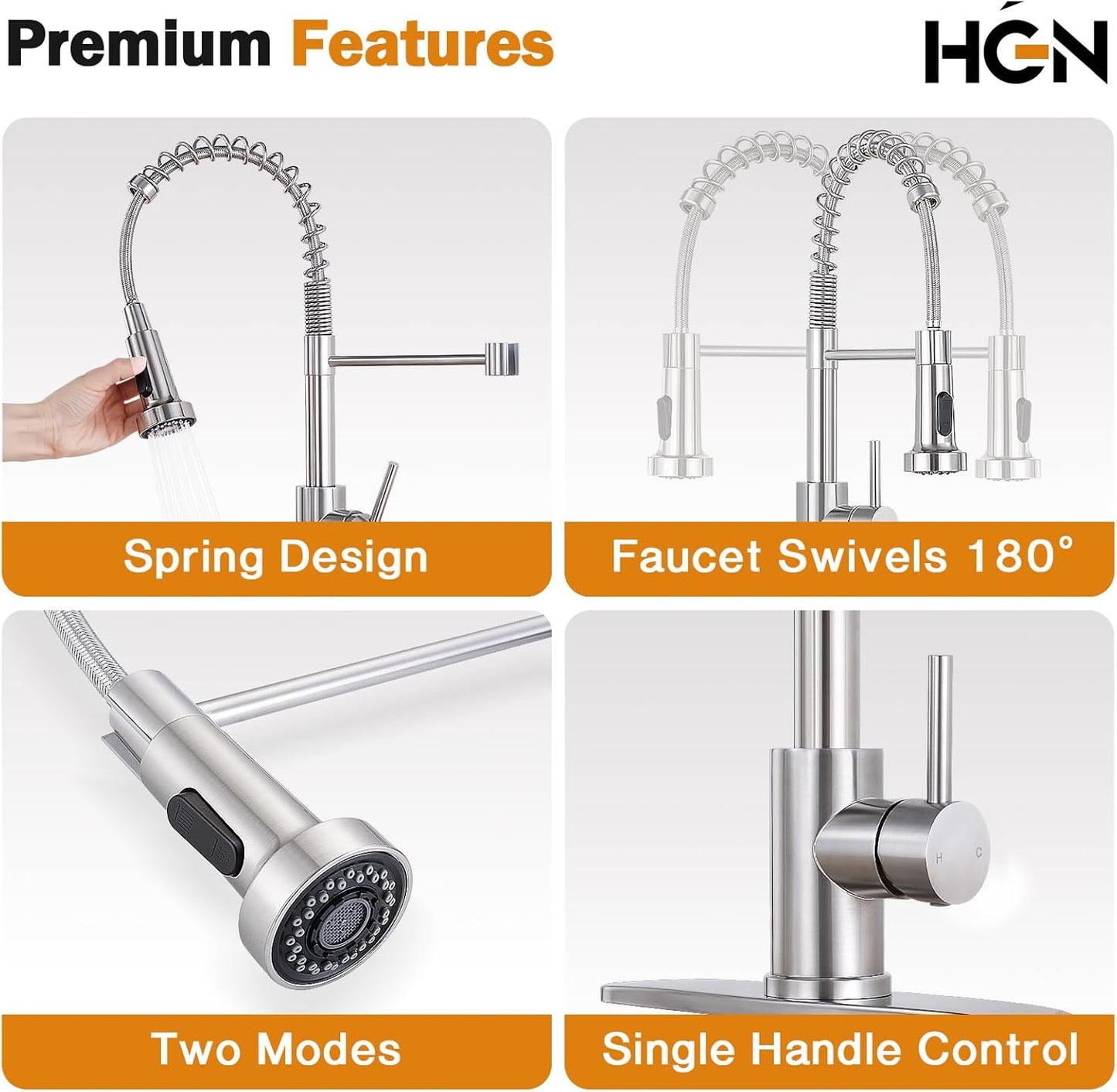 HGN Kitchen Faucet with Pull Down Sprayer, Brushed Nickel