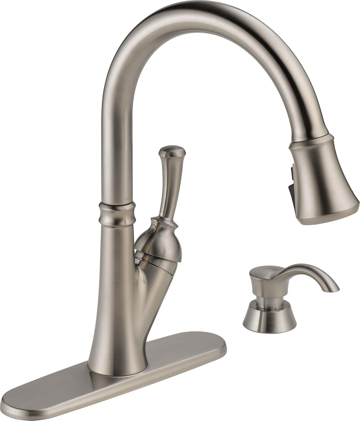 Delta Savile 1-Handle Deck-Mount Pull-Down Kitchen Faucet with Lever Handle, Deck Plate & Soap Dispenser – Stainless