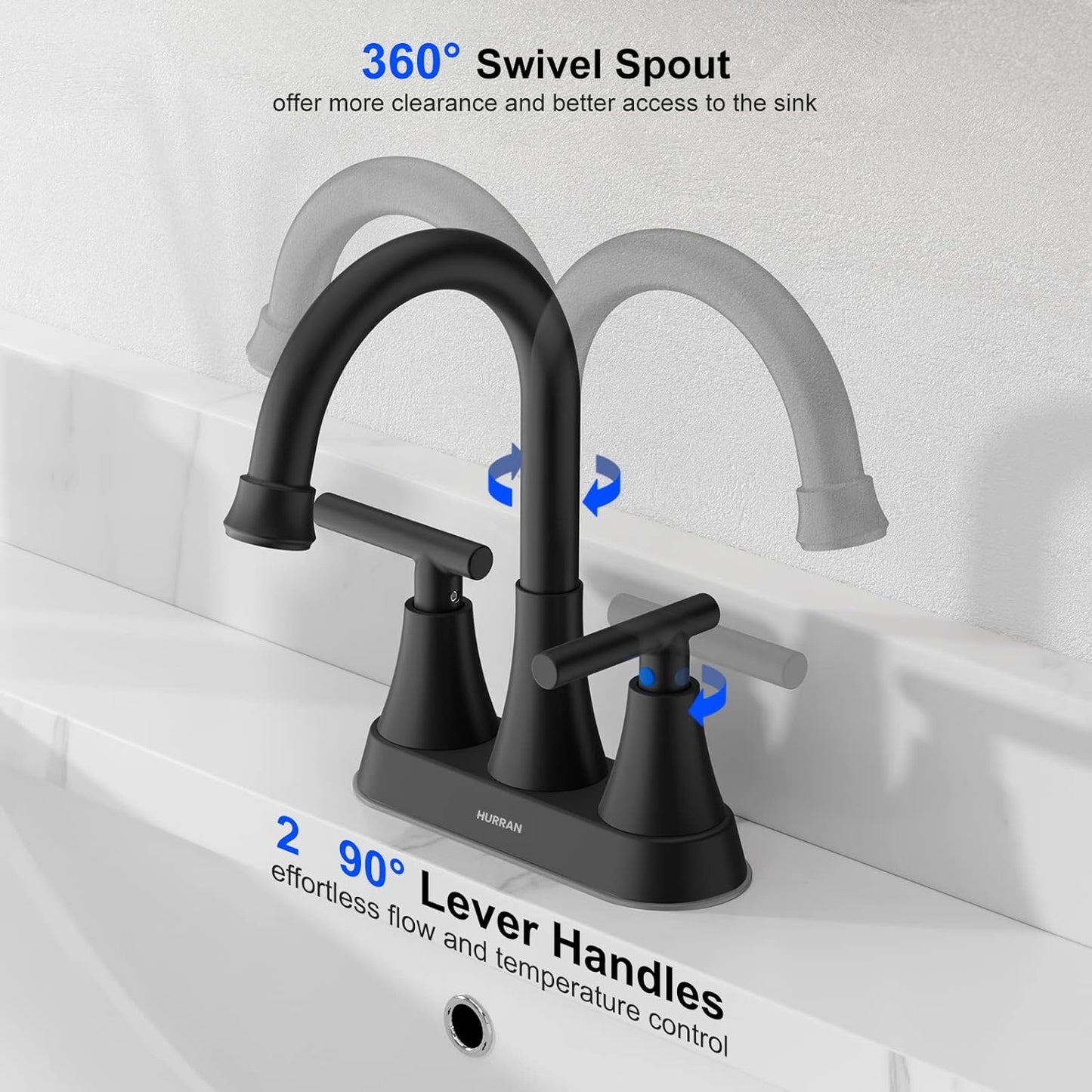 Hurran Matte Black Bathroom Faucet with Pop-up Drain and Supply Hoses