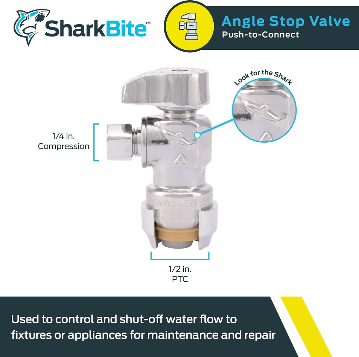 SharkBite Brass 1/2-in Push-to-Connect x 1/4-in OD Compression Quarter Turn Angle Valve