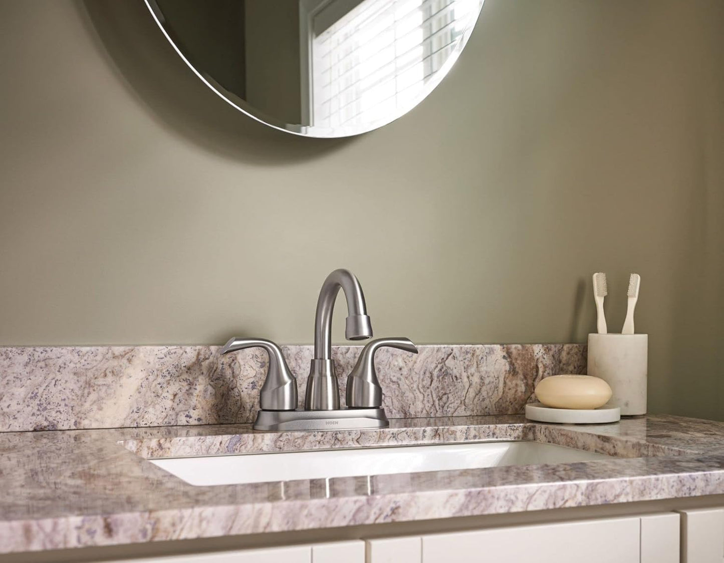 Moen Idora Spot Resist Brushed Nickel Two-Handle Centerset Bathroom Sink Faucet with Drain Assembly