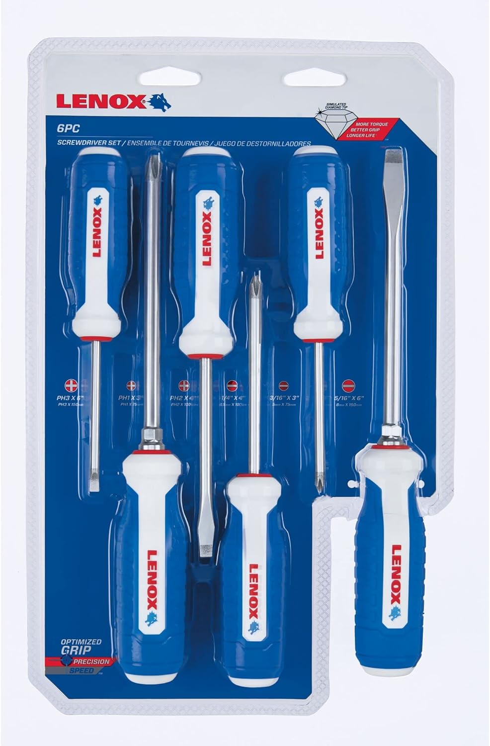 LENOX 6‑Piece Screwdriver Set – Sizes: PH #1 x 3", PH #2 x 4", PH #3 x 6", CB 3/16" x 3", SL 1/4" x 4", SL 5/16" x 6"
