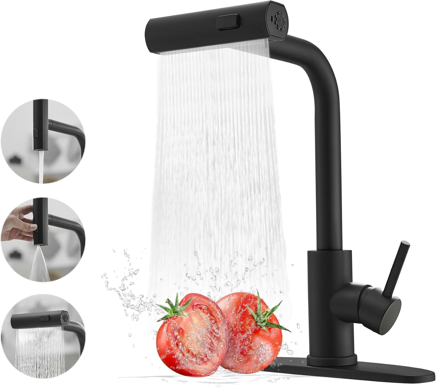 JOOM Black Kitchen Faucet with Pull Down Sprayer, Waterfall Design, Stainless Steel