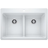 Glacier Bay Drop-in/Undermount Granite Composite 33 in. 1-Hole 50/50 Double Bowl Kitchen Sink with Low Divide White