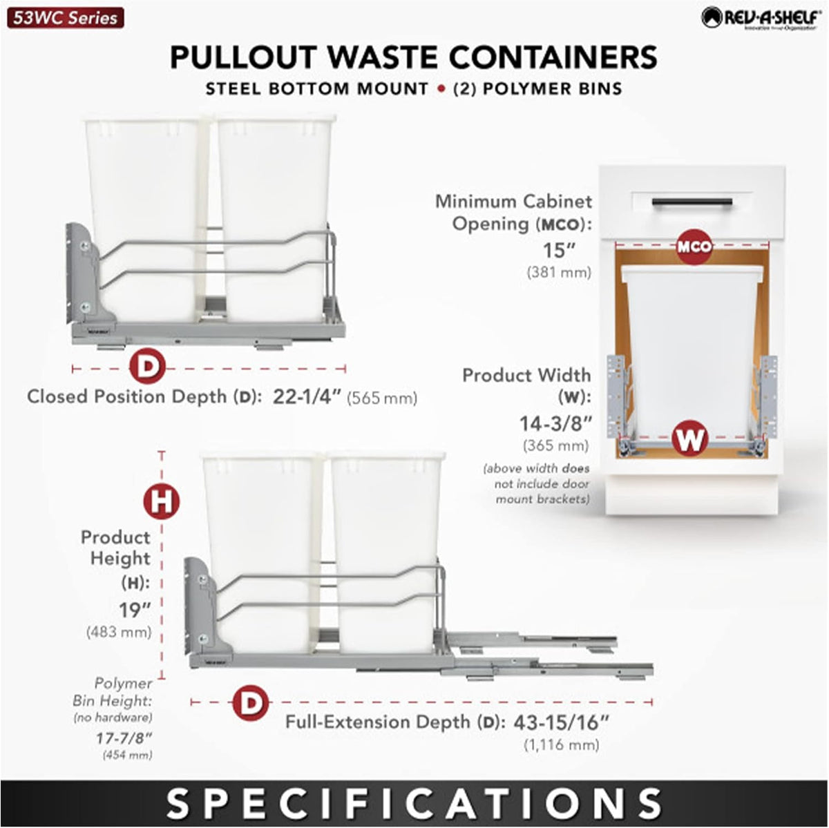 Rev-A-Shelf 35-Quart Double Plastic Soft-Close Pull-Out Trash Can, White