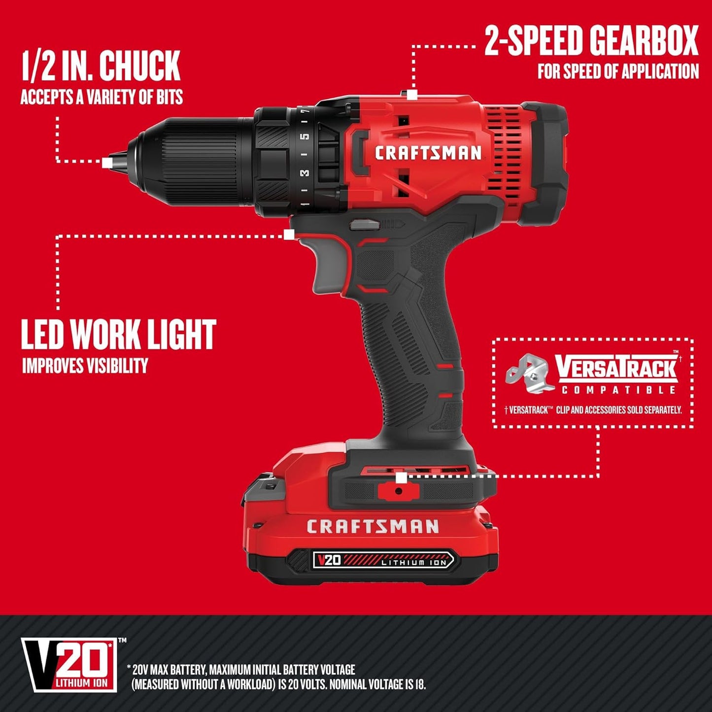 CRAFTSMAN V20 Cordless Drill/Driver Kit, 1/2 in., Battery & Charger Included (CMCD700C1)