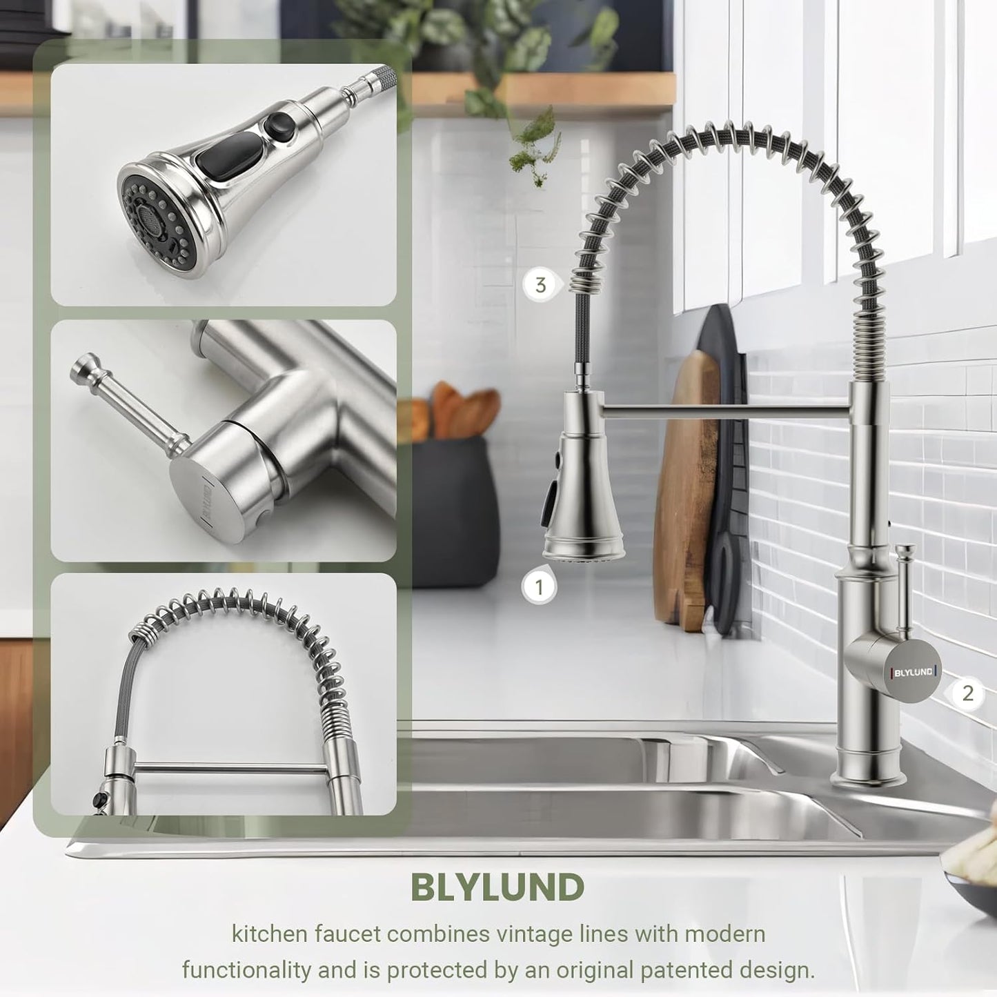 BLYLUND Commercial Kitchen Faucet with Pull Down Sprayer, Brushed Nickel