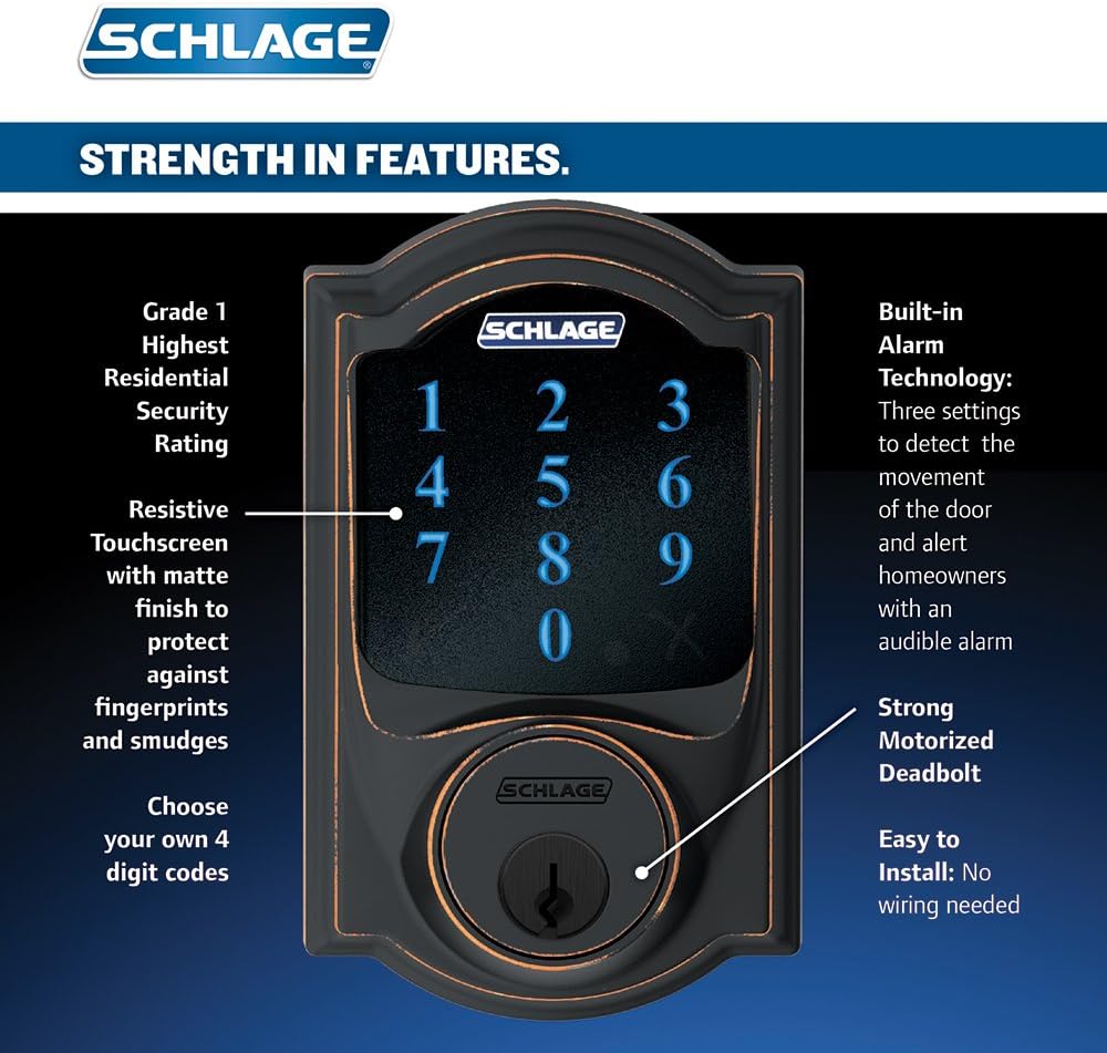 Schlage Camelot Aged Bronze Connect Smart Lock with Built‑In Alarm and Accent Lever Handleset, Left-Hand, Z-Wave