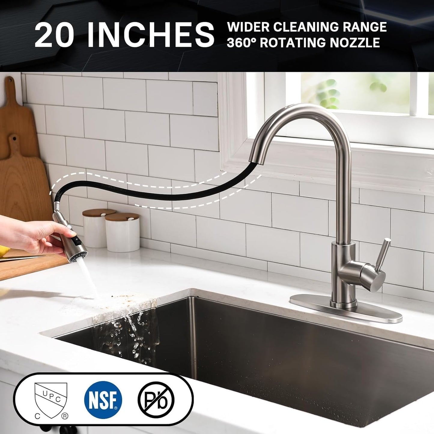 WEWE Single Handle High Arc Brushed Nickel Kitchen Faucet with Pull Down Sprayer