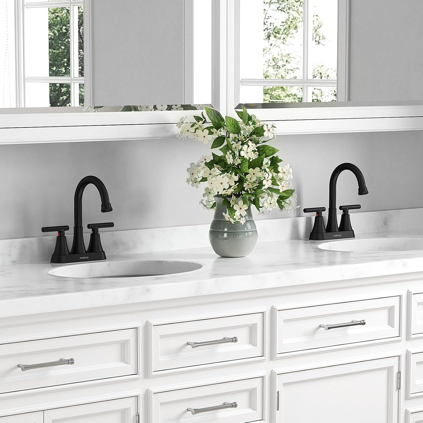Hurran Matte Black Bathroom Faucet with Pop-up Drain and Supply Hoses
