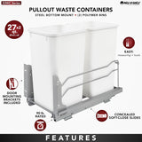Rev-A-Shelf 53WC Series Double 27-Quart Plastic Soft-Close Pull-Out Trash Can, Orion Gray