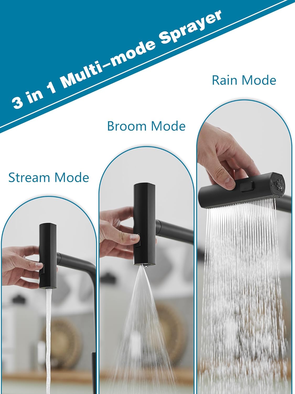 JOOM Black Kitchen Faucet with Pull Down Sprayer, Waterfall Design, Stainless Steel