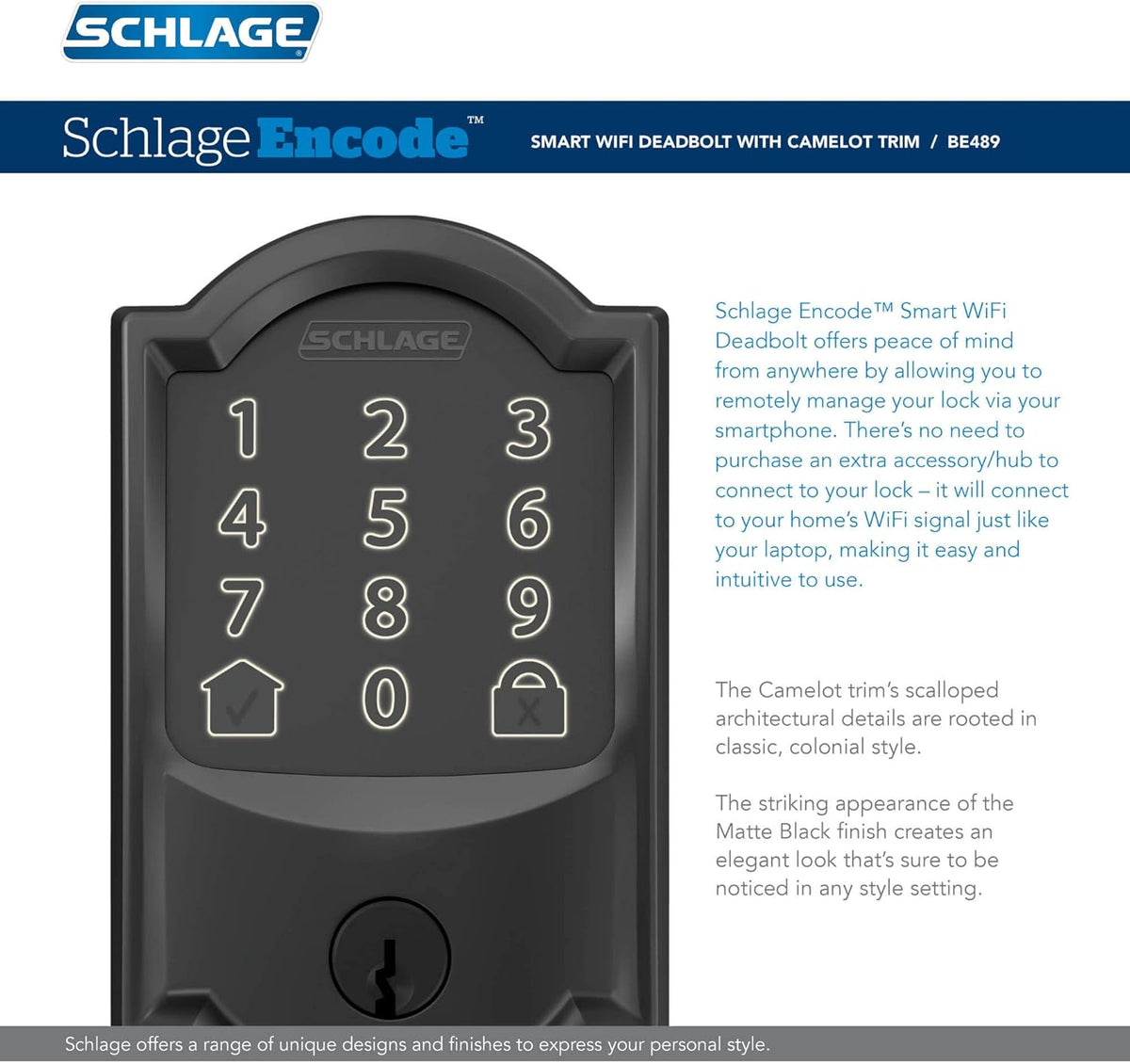Schlage Century Matte Black Electronic Keyless Door Lock with Latitude Lever, FE695 CEN 622 LAT