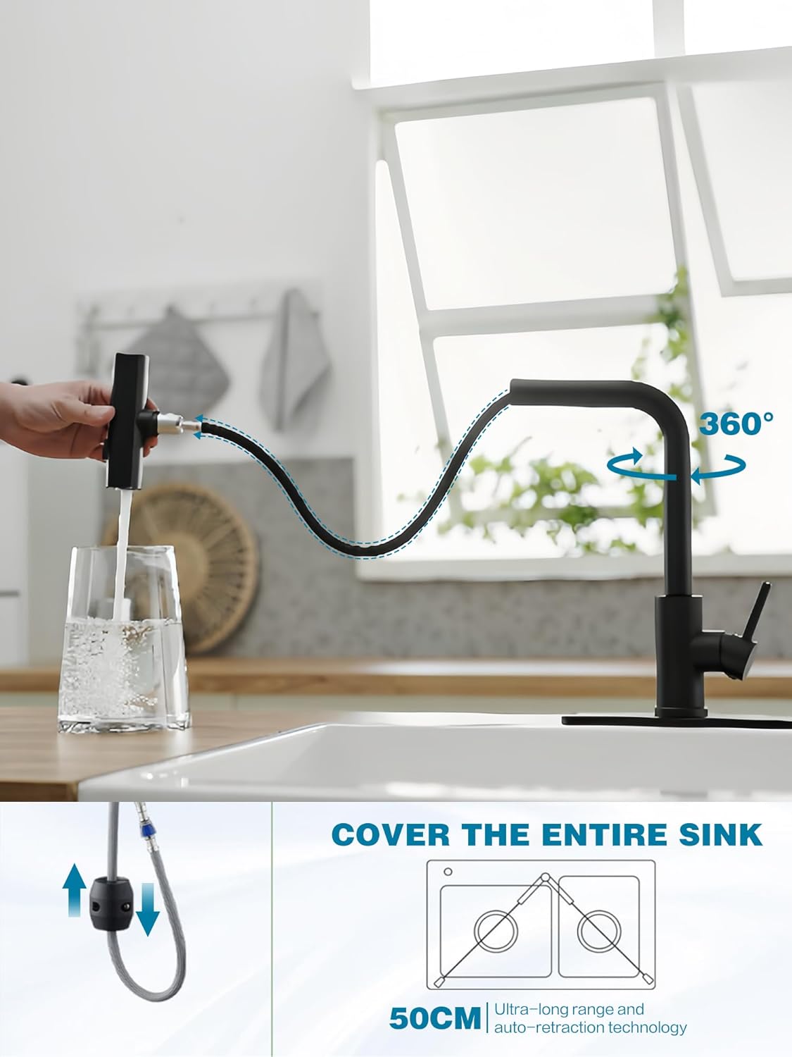 JOOM Black Kitchen Faucet with Pull Down Sprayer, Waterfall Design, Stainless Steel