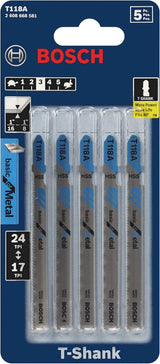 Bosch 5-Pack 3-5/8-in T-Shank High-Speed Steel Jigsaw Blade, T118A, 17–24 TPI