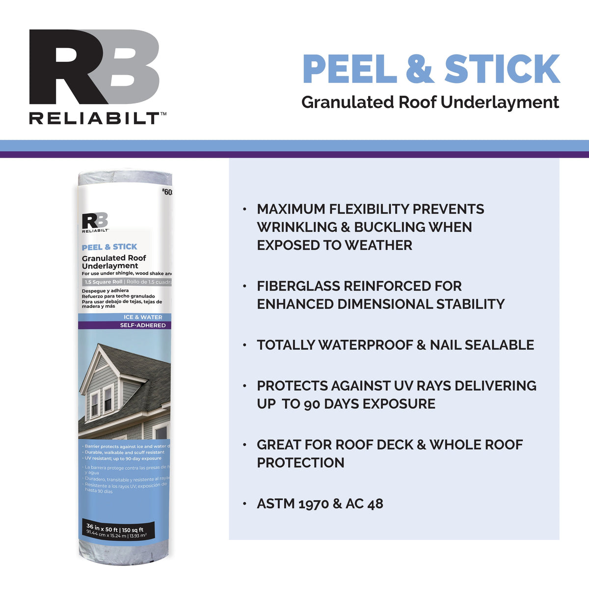 RELIABILT Peel & Stick Granulated Roof Underlayment, 36 in x 50 ft (150 sq ft) Rubberized Asphalt