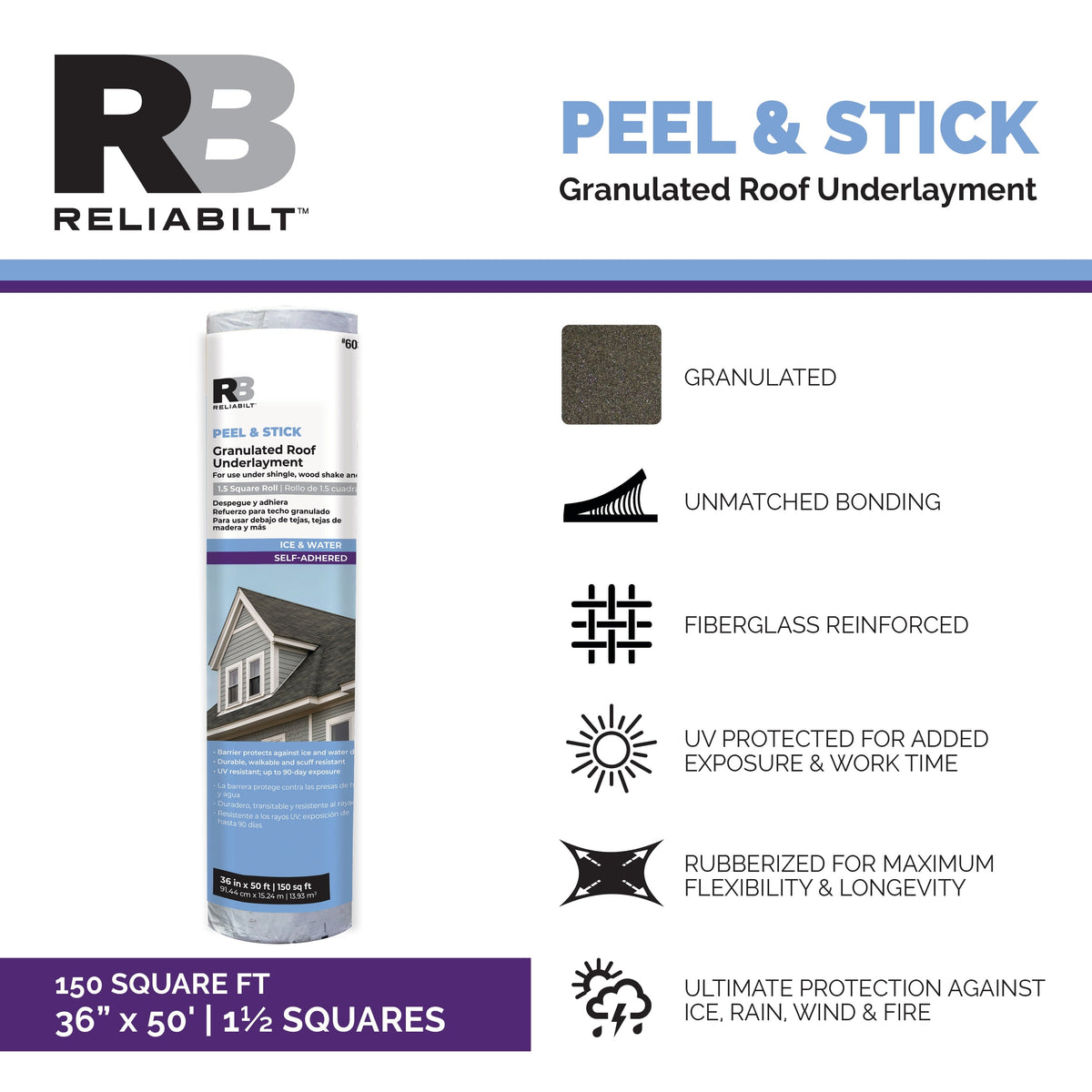 RELIABILT Peel & Stick Granulated Roof Underlayment, 36 in x 50 ft (150 sq ft) Rubberized Asphalt
