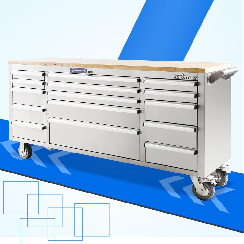 72 in. 15-Drawer Mobile Workbench Tool Chest Cabinet with Wooden Top in Stainless Steel - Super Arbor