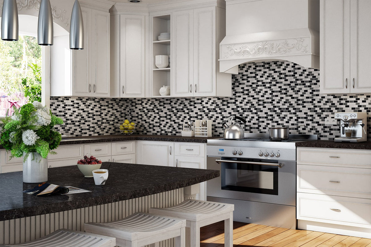 Elida Ceramica Midnight 12-in x 12-in Glossy Glass/Stone Marble Brick Mosaic Wall Tile