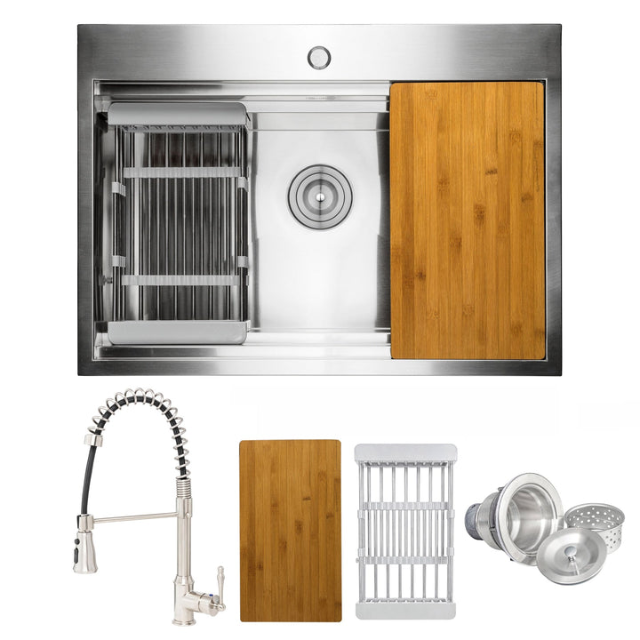 AKDY All-in-One 33-in x 22-in Brushed Stainless Steel Single Bowl Drop-In 1-Hole Residential Kitchen Sink All-in-One Kit