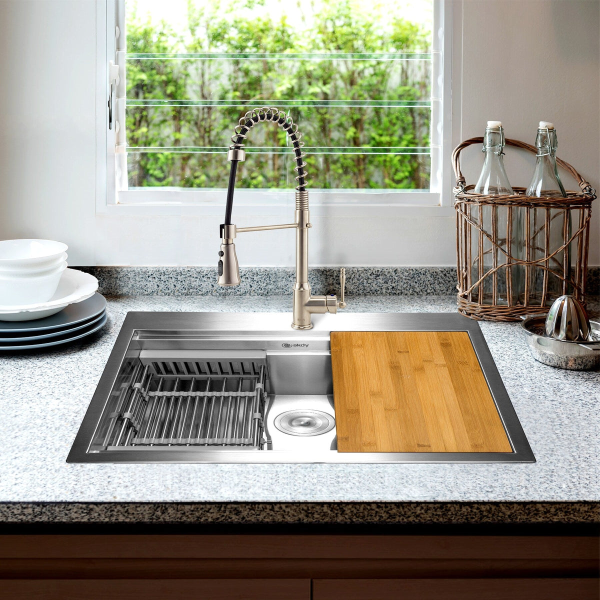 AKDY All-in-One 33-in x 22-in Brushed Stainless Steel Single Bowl Drop-In 1-Hole Residential Kitchen Sink All-in-One Kit