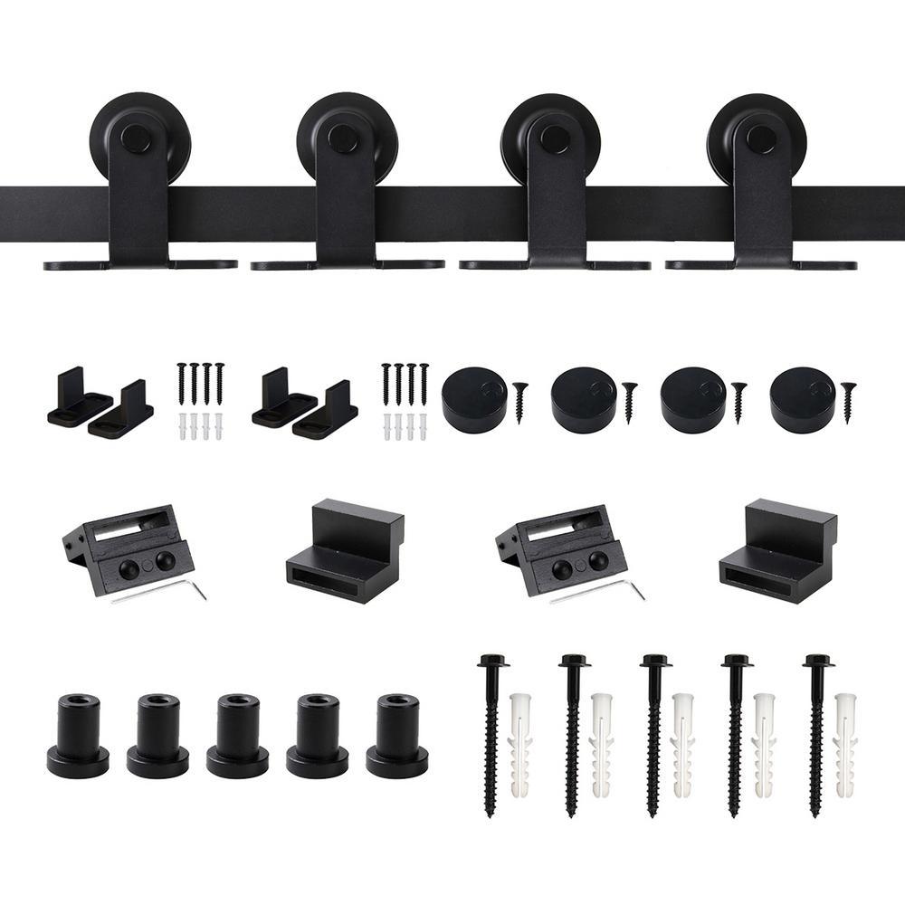 6.6 ft./79 in. Top Mount Sliding Barn Door Hardware Track Kit for Double Doors with Non-Routed Floor Guide Black - Super Arbor