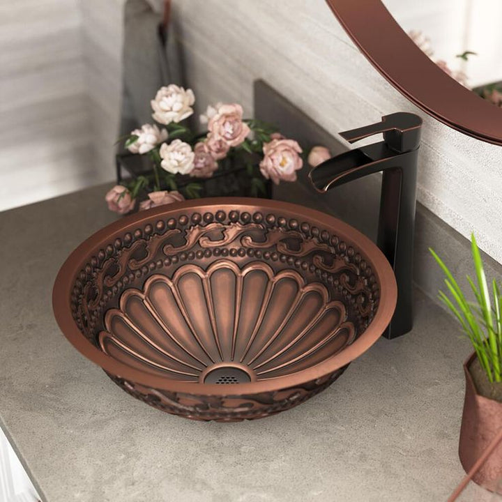 MR Direct Tri-Mount Bathroom Sink in Copper with 731 Faucet and Grid Drain in Antique Bronze