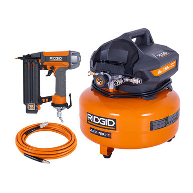 RIDGID 6 Gal. Electric Pancake Air Compressor with 18-Gauge 2-1/8 in. Brad Nailer & 25 ft. Hose