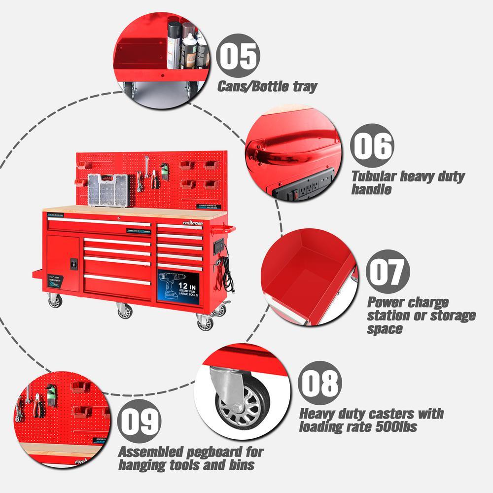 62 in. 10-Drawer Tool Chest Cabinet with Pegboard Back Wall Heavy-Duty Mobile Workbench in Red - Super Arbor