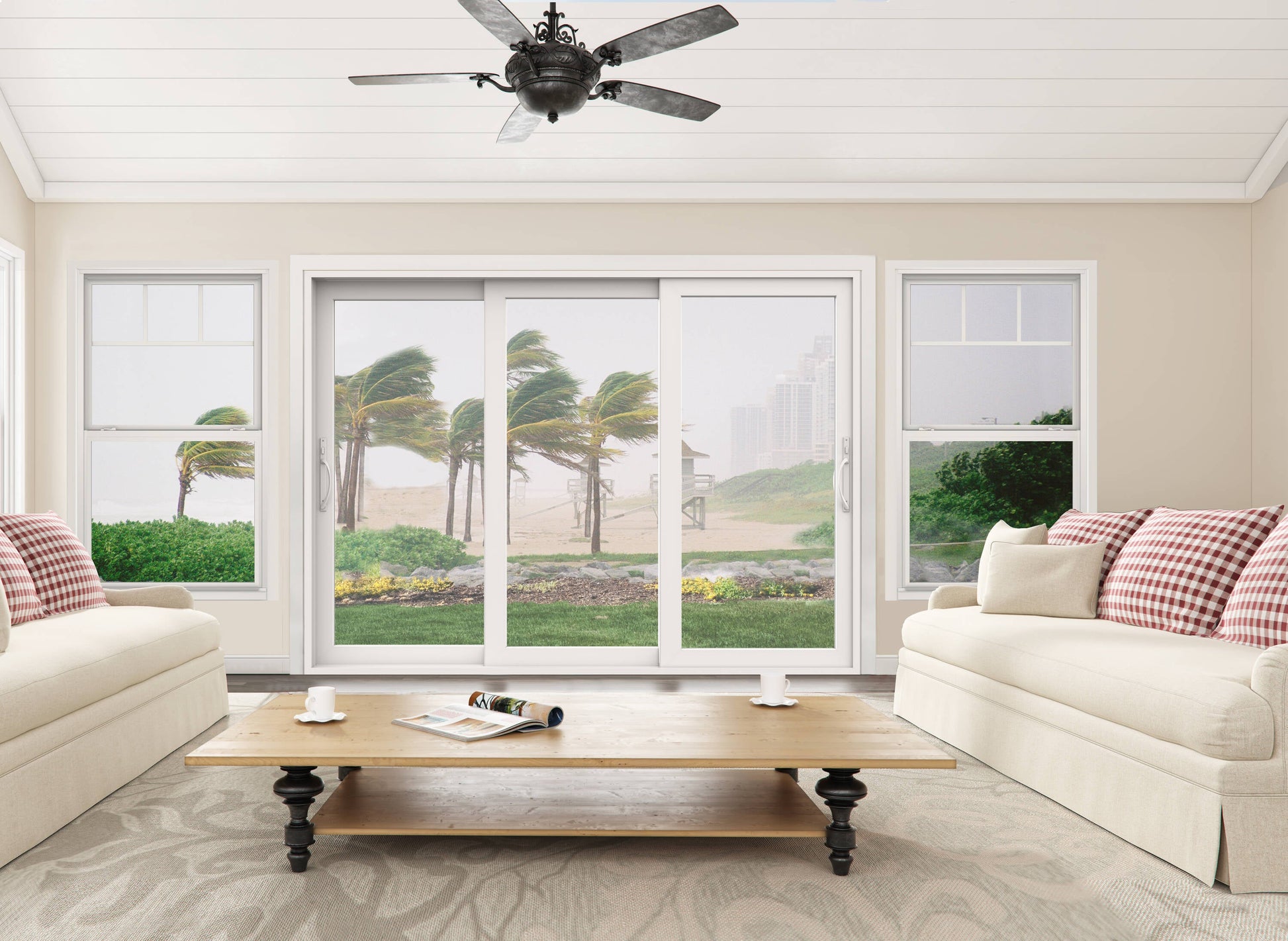 JELD-WEN 105-in x 80-in Vinyl Sliding, Universal reversible – installed room view