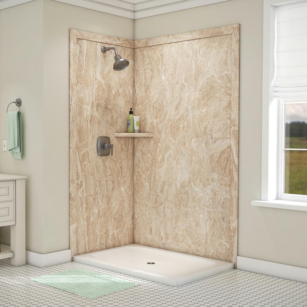 Elegance 36 in. x 48 in. x 80 in. 7-Piece Easy Up Adhesive Corner Shower Wall Surround in Triton - Super Arbor