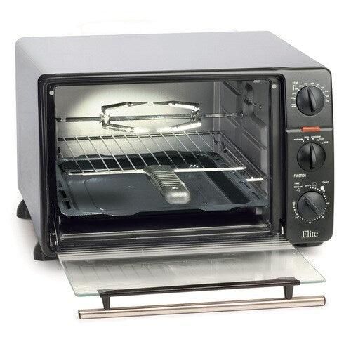 Elite Unit, bake pan, rack, rotisserie skewer 6-Slice Black Toaster Oven with Rotisserie (1500-Watt)
