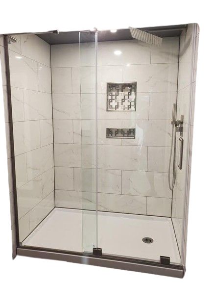 DreamLine Mirage-X 72-in H x 56-in to 60-in W Frameless Bypass/Sliding Brushed Nickel Shower Door with Clear Glass