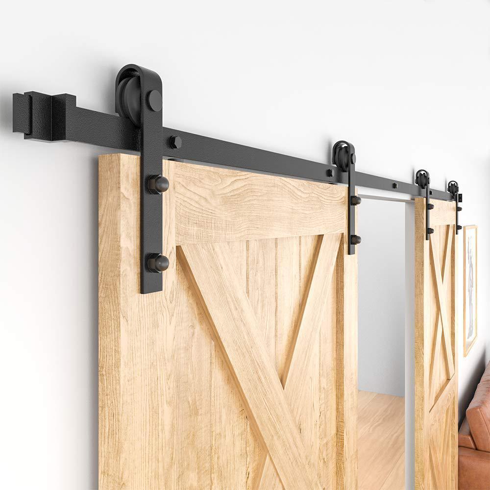 12 ft./144 in. Frosted Black Sliding Barn Door Hardware Track Kit for Double Doors with Non-Routed Floor Guide - Super Arbor
