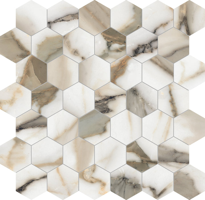 Satori Calacatta Dorado 12-in x 12-in Honed Porcelain Marble look Hexagon Mosaic Floor and Wall Tile product image