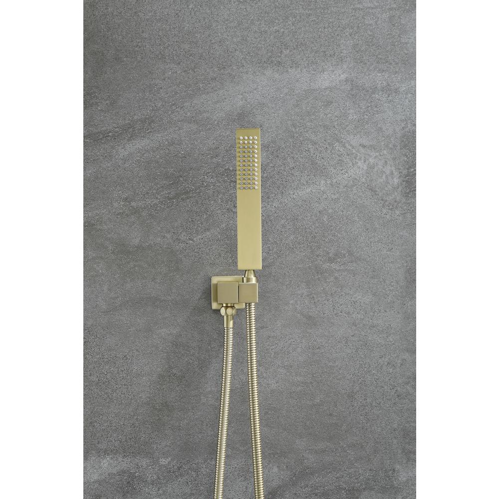 1-Spray Patterns with 2.66 GPM 10 in. Wall Mount Dual Shower Heads with Rough-In Valve Body and Trim in Brushed Gold - Super Arbor
