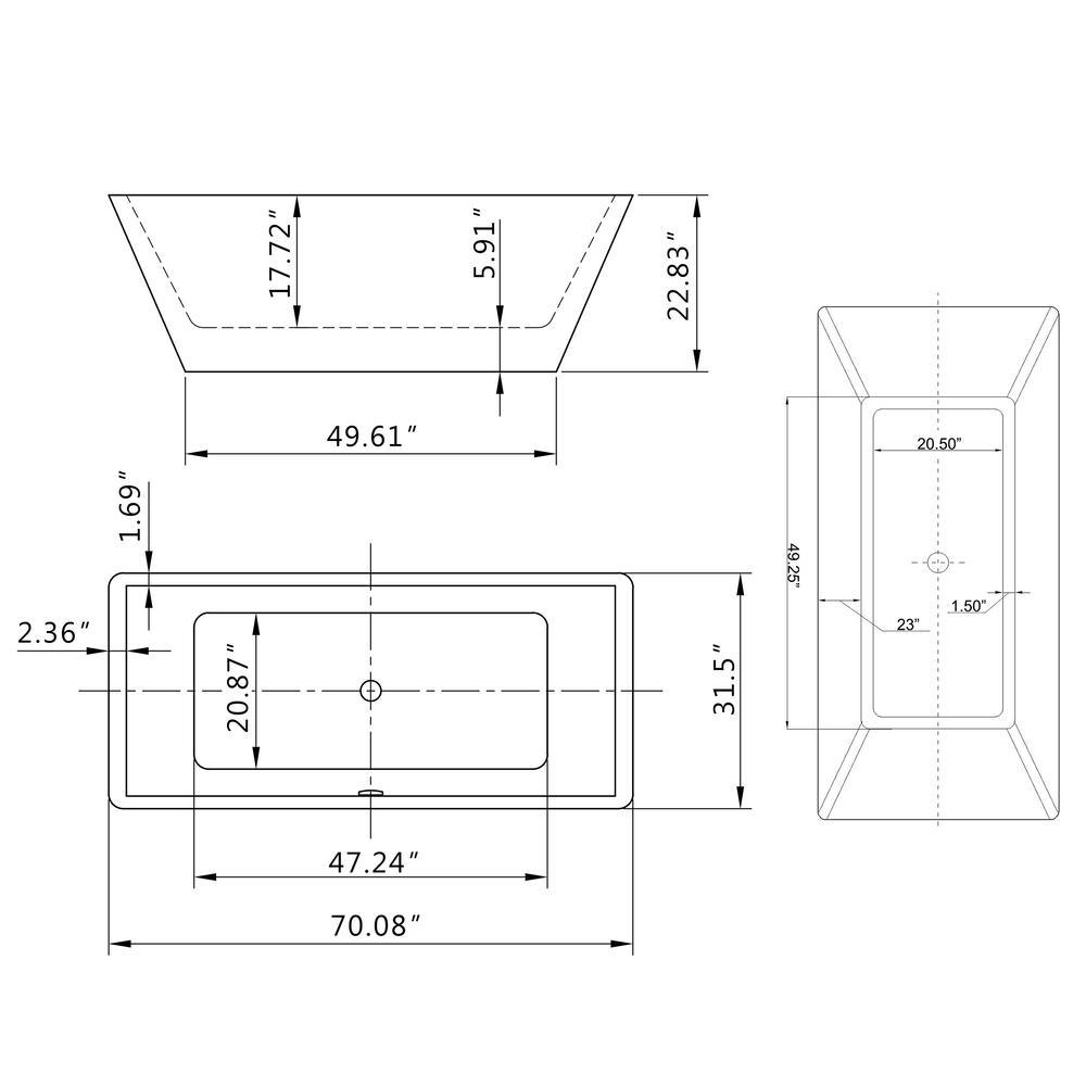 66.96 in. Acrylic Center Drain Rectangular Double Ended Flatbottom Freestanding Bathtub in Glossy Black - Super Arbor